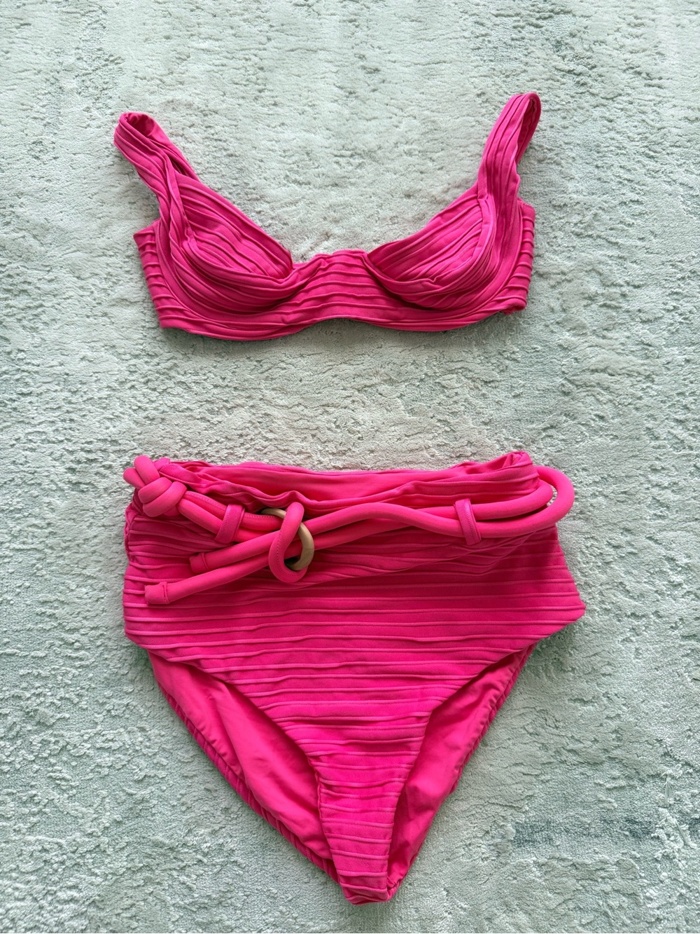 Revel Rey: High-Waist Pink Ribbed Bikini Set